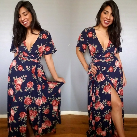 Lulus Dresses & Skirts - 💦LAST ONE💦ZOEY NAVY BLUE FLORAL WRAP MAXI DRESS